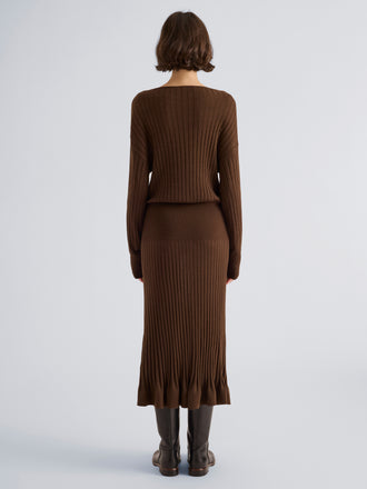 Proenza Schouler Back full length image of model wearing Talia Dress in Lightweight Merino in Chocolate
