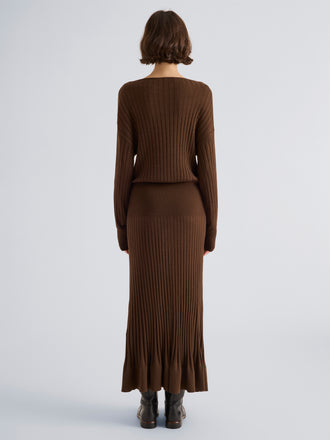 Proenza Schouler Back full length image of model wearing Talia Dress in Lightweight Merino in Chocolate