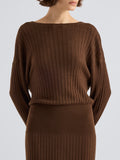 Proenza Schouler Detail image of model wearing Talia Dress in Lightweight Merino in Chocolate