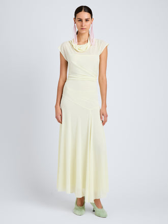 Proenza Schouler Front full length image of model wearing Tamara Dress in Sheer Crepe Jersey in Pale Yellow