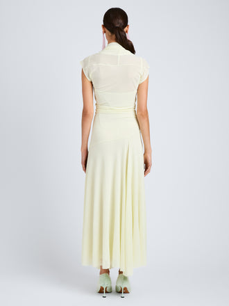 Proenza Schouler Back full length image of model wearing Tamara Dress in Sheer Crepe Jersey in Pale Yellow