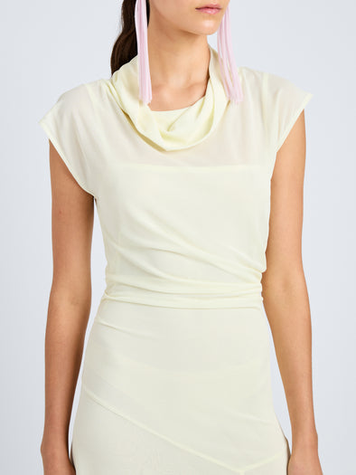 Proenza Schouler front detail image of model wearing Tamara Dress in Sheer Crepe Jersey in Pale Yellow