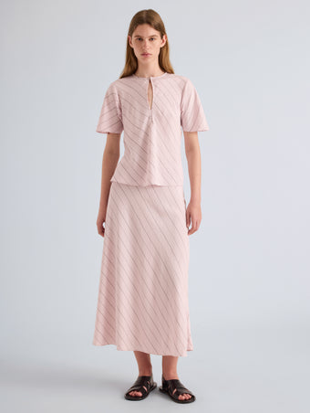 Proenza Schouler Front Full Length Model Image of Tasha Top in Pinstripe Flou in Orchid Black