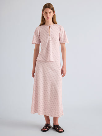 Proenza Schouler Front Full Length Model Image of Tasha Top in Pinstripe Flou in Orchid Black