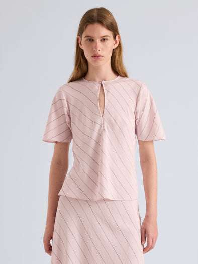 Proenza Schouler Front Cropped On Model Image of Tasha Top in Pinstripe Flou in Orchid Black