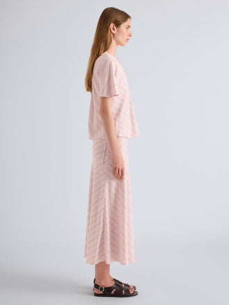 Proenza Schouler Front Side Length Model Image of Tasha Top in Pinstripe Flou in Orchid Black