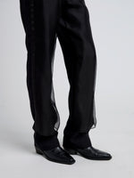 Proenza Schouler detail image of model wearing Teddy Pant in Wool Twill Suiting with Organza in black