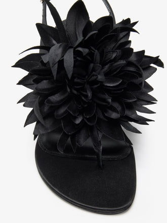 Proenza Schouler Still Life Detail Image of Tee Thong Flower Sandals in Satin in Black
