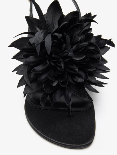 Proenza Schouler Still Life Detail Image of Tee Thong Flower Sandals in Satin in Black