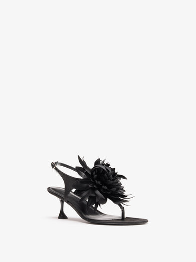 Proenza Schouler Still Life Side Image of Tee Thong Flower Sandals in Satin in Black