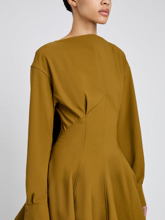 Proenza Schouler Detail image of model wearing Tiana Dress in Bi Stretch Cotton Nylon in Fatigue