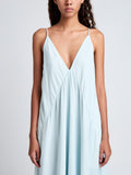 Proenza Schouler detail image of model wearing Torres Dress in Viscose Gabardine in light blue