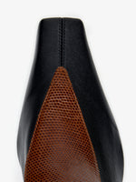 Proenza Schouler Still Life Image of Aerial View of Trap Stretch Ankle Boot 60MM Lizard Combo in Black/Cuoio Combo