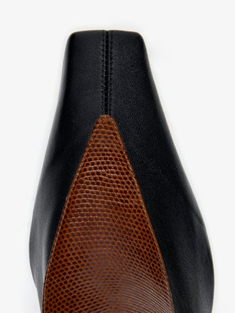 Proenza Schouler Still Life Image of Aerial View of Trap Stretch Ankle Boot 60MM Lizard Combo in Black/Cuoio Combo