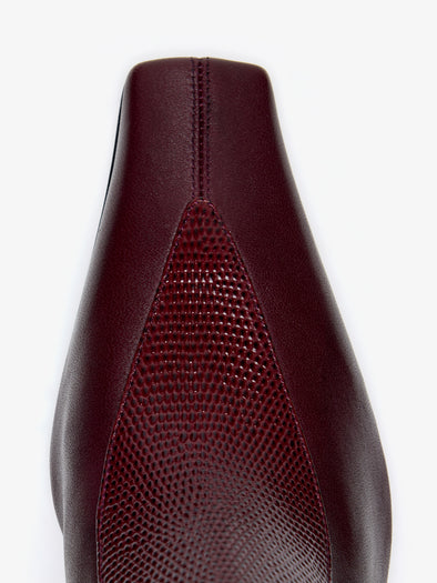 Proenza Schouler Still Life Image of Aerial View of Trap Stretch Ankle Boot 60MM Lizard Combo in Oxblood