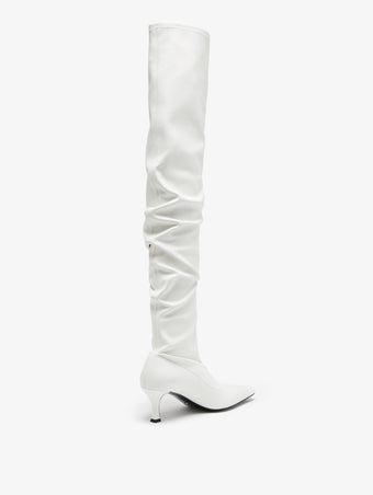 Back 3/4 view of Trap Over The Knee Boots in white