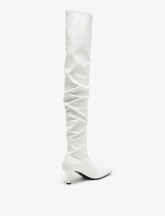 Back 3/4 view of Trap Over The Knee Boots in white