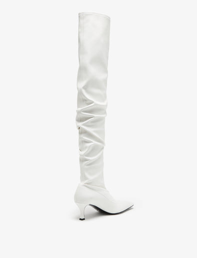 Back 3/4 view of Trap Over The Knee Boots in white