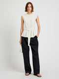 Proenza Schouler Front full length image of model wearing the Trina Top in Woven Stripe Flou in Chalk Black