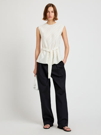 Proenza Schouler Front full length image of model wearing the Trina Top in Woven Stripe Flou in Chalk Black