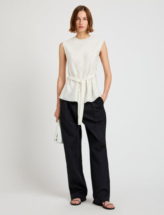Proenza Schouler Front full length image of model wearing the Trina Top in Woven Stripe Flou in Chalk Black