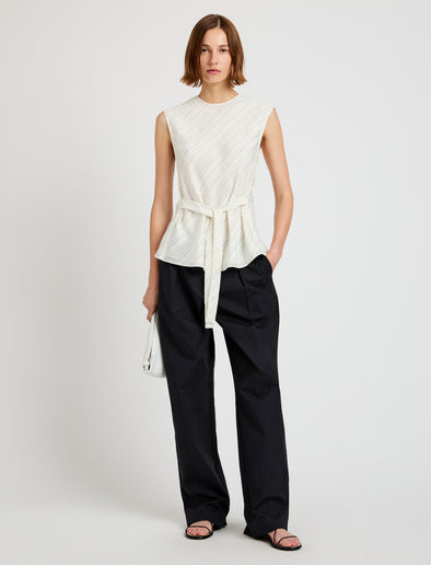 Proenza Schouler Front full length image of model wearing the Trina Top in Woven Stripe Flou in Chalk Black