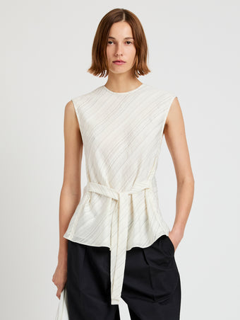 Proenza Schouler Front cropped image of model wearing the Trina Top in Woven Stripe Flou in Chalk Black