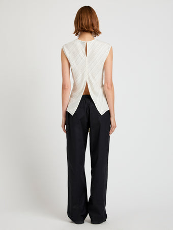 Proenza Schouler Back full length image of model wearing the Trina Top in Woven Stripe Flou