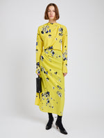 Proenza Schouler Front full length image of model wearing Trudi Dress in Printed Stretch Silk Viscose in Yellow Multi