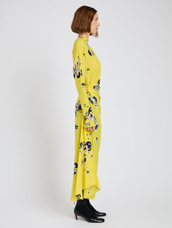 Proenza Schouler Side full length image of model wearing Trudi Dress in Printed Stretch Silk Viscose in Yellow Multi