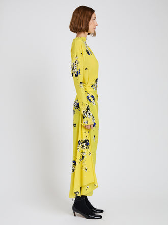 Proenza Schouler Side full length image of model wearing Trudi Dress in Printed Stretch Silk Viscose in Yellow Multi