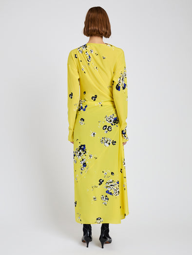 Proenza Schouler Back full length image of model wearing Trudi Dress in Printed Stretch Silk Viscose in Yellow Multi