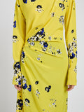 Proenza Schouler detail image of model wearing Trudi Dress in Printed Stretch Silk Viscose in Yellow Multi