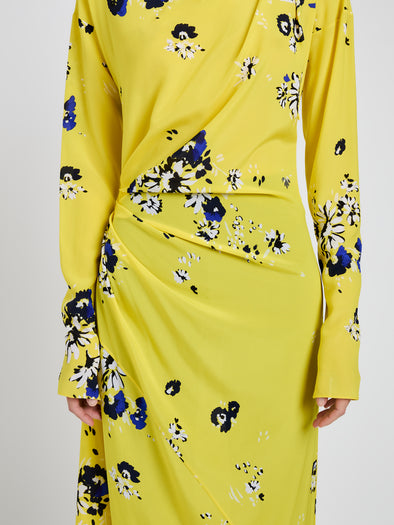 Proenza Schouler detail image of model wearing Trudi Dress in Printed Stretch Silk Viscose in Yellow Multi