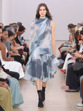 Runway image of model wearing Zoe Dress In Printed Nylon Jersey in slate