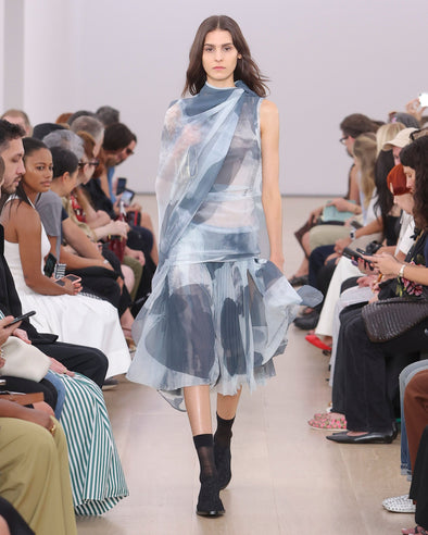 Runway image of model wearing Zoe Dress In Printed Nylon Jersey in slate