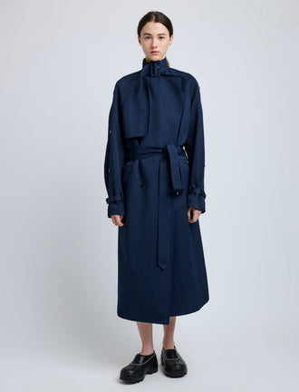 Proenza Schouler Front full length image of model wearing Sabina Coat in Technical Nylon Jacquard in Midnight
