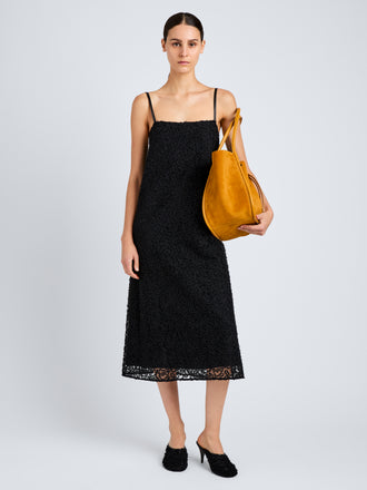 Proenza Schouler Full Length Front Image of Model wearing Virginie Dress in Fringe Embroidery in Black 