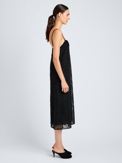 Proenza Schouler Full Length Side Image of Model wearing Virginie Dress in Fringe Embroidery in Black 
