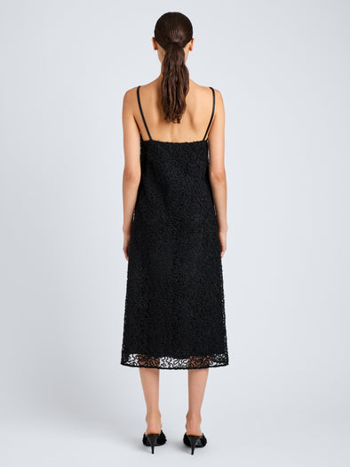 Proenza Schouler Full Length Back Image of Model wearing Virginie Dress in Fringe Embroidery in Black 