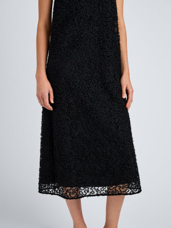 Proenza Schouler Detail Image of Model wearing Virginie Dress in Fringe Embroidery in Black 