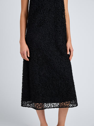 Proenza Schouler Detail Image of Model wearing Virginie Dress in Fringe Embroidery in Black 