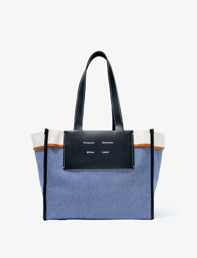 Front image of Large Pinstripe Morris Tote in Canvas in blue/ecru stripe
