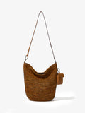 Front image of Raffia Spring Bucket Bag in HONEY with strap extended