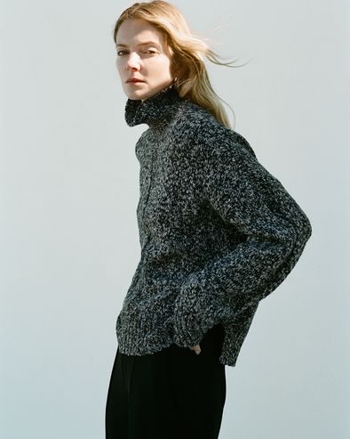 Proenza Schouler image of model wearing Sol Sweater in Melange Alpaca in BlackWhite Melange