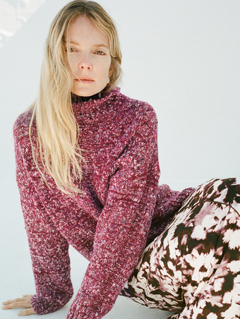 Proenza Schouler image of model wearing Sol Sweater in Melange Alpaca in Wine Melange