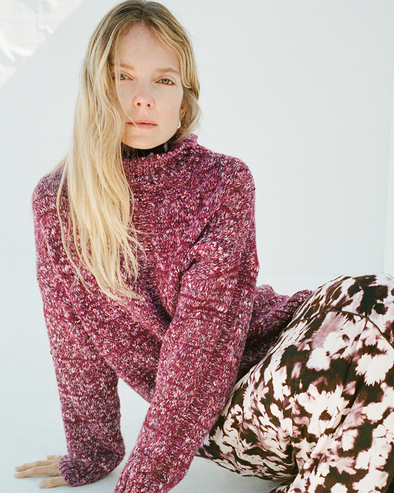 Proenza Schouler image of model wearing Sol Sweater in Melange Alpaca in Wine Melange