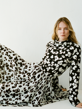 Proenza Schouler image of model wearing Ansel Top in Printed Soft Twill in Black Floral