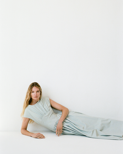 Proenza Schouler image of model wearing Nyssa Dress in Tech Cotton in Jade