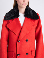 Detail image of model wearing Emma Coat In Brushed Double Face Wool in vermillion melange